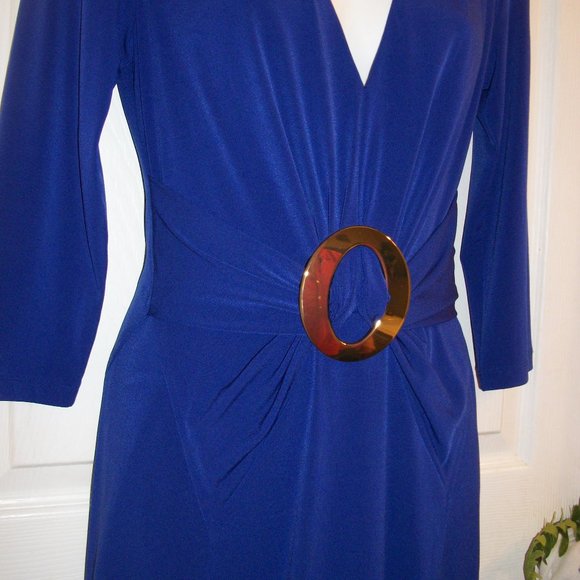 BOSTON PROPER Sz 8 Purple Stretch Dress w/ Gold Buckle Below Knee Length - Picture 2 of 9